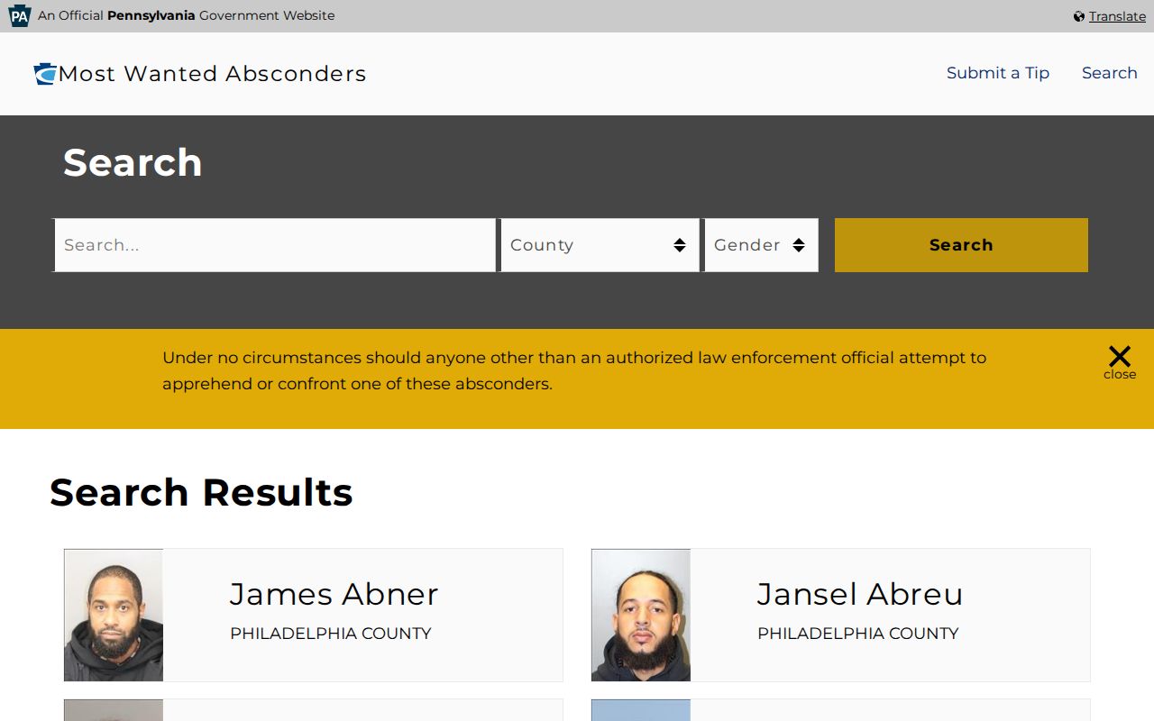 Pennsylvania absconder search for Clarion County parole records